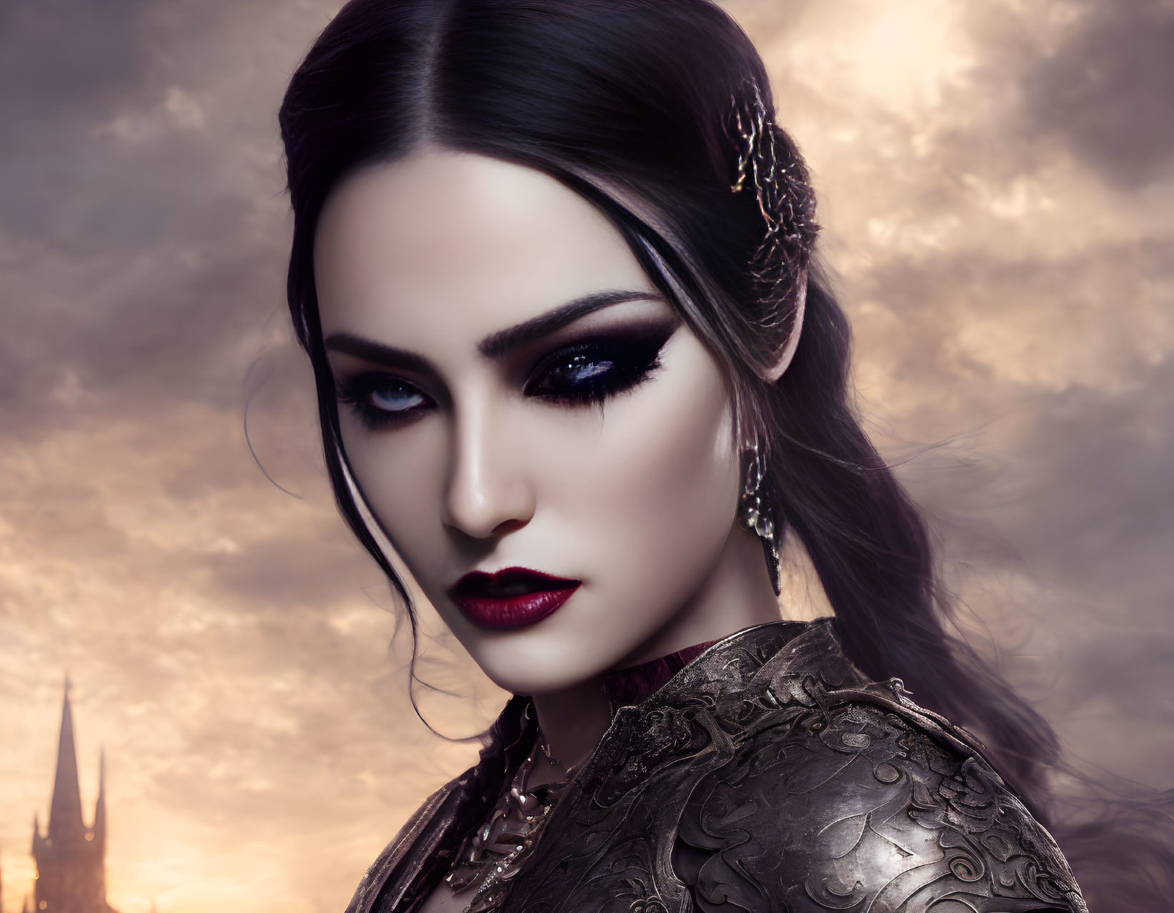 Dark makeup woman in ornate armor under dramatic sky