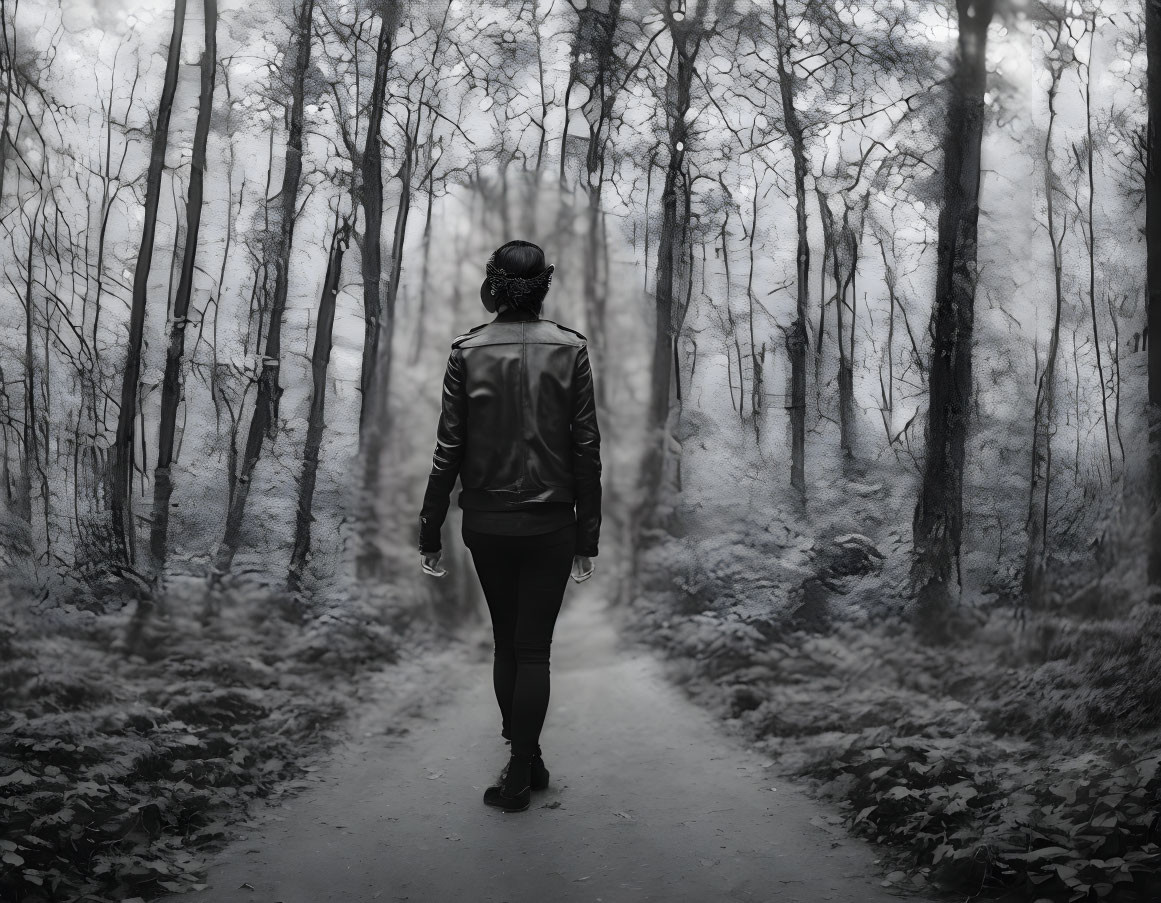 Person in Black Leather Jacket Walking on Forest Pathway under Misty Sky