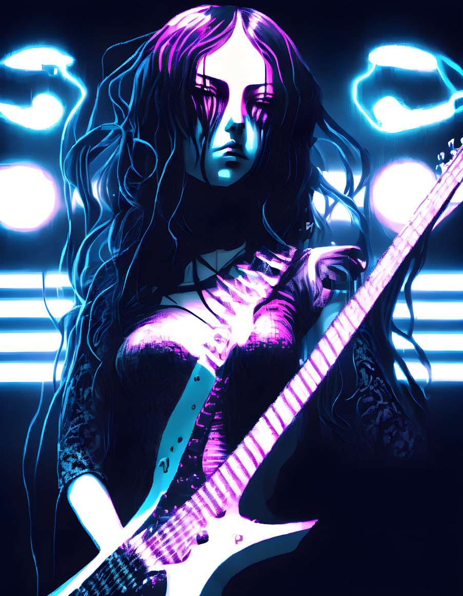 Animated female guitarist in neon blue lights playing electric guitar