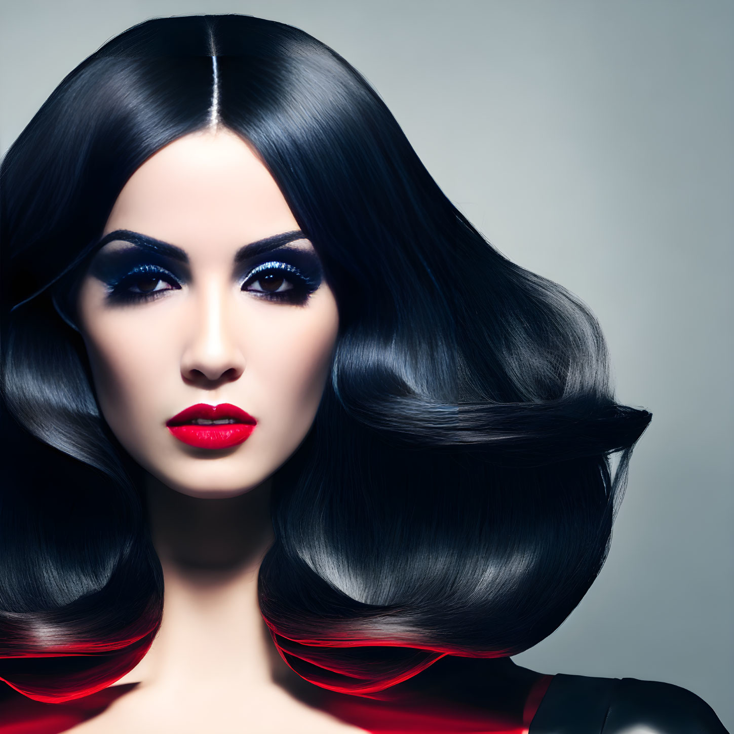 Woman with sleek black hair, bold blue eyeshadow, and red lipstick on grey background