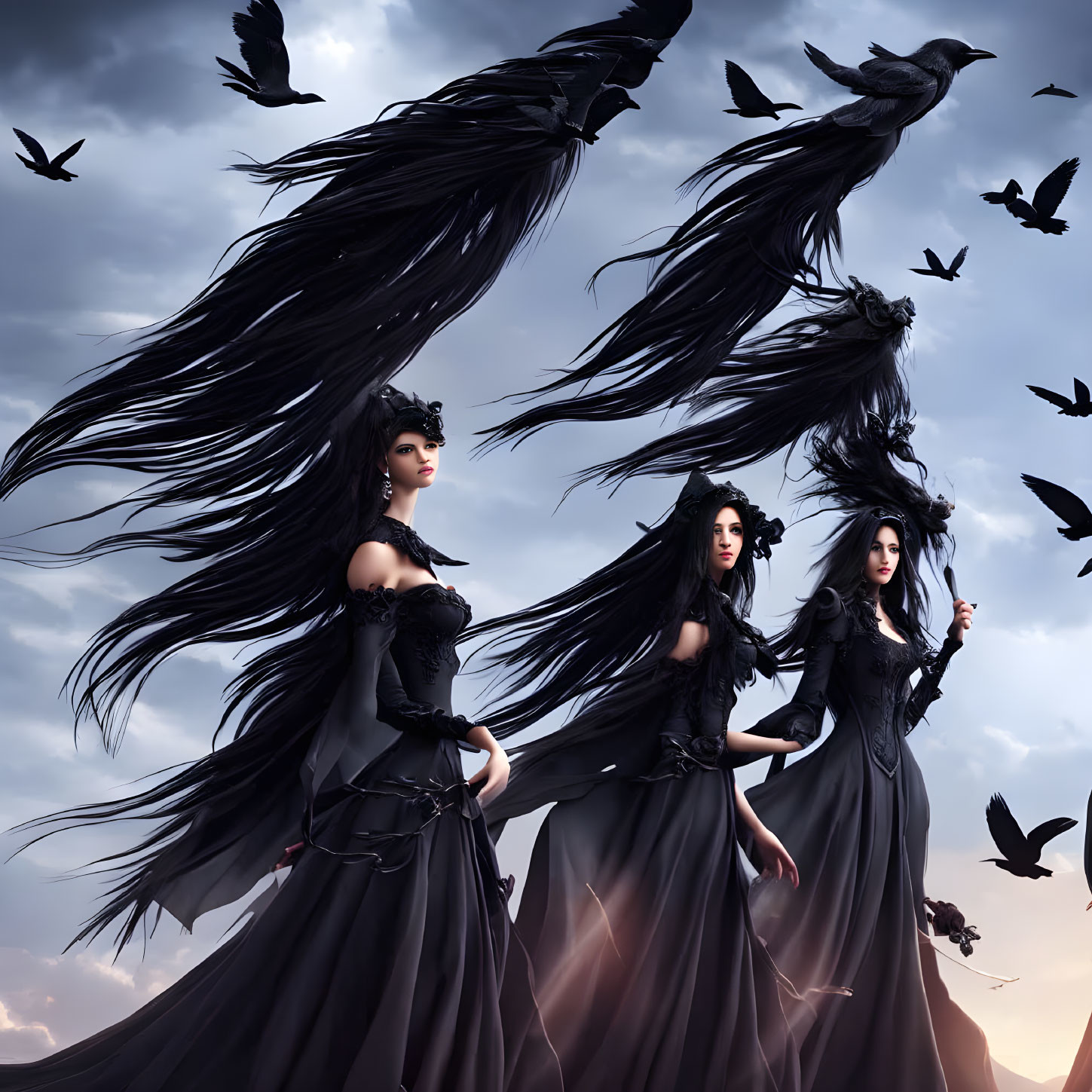 Three women in black dresses with flowing hair under a cloudy sky with ravens flying around, creating a