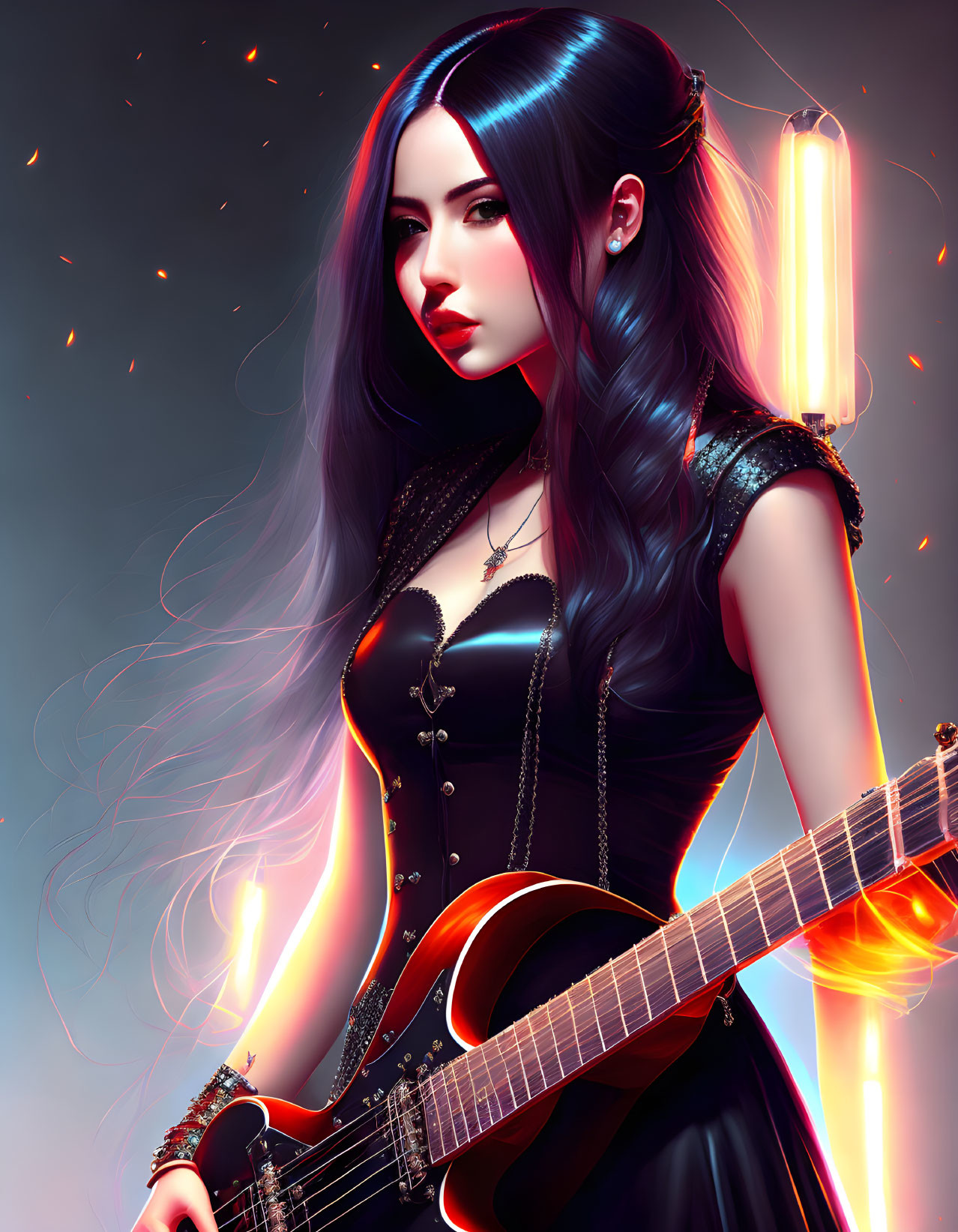 Dark-haired woman holding glowing guitar in digital art portrait