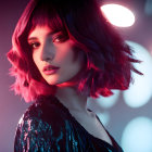 Modern bob haircut with pink tint under moody multicolored lighting