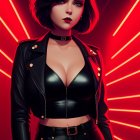 Digital illustration: Woman with red hair, pale skin, dark lips in black outfit on neon background