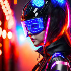 Futuristic helmet with neon lights and glasses in cyberpunk setting