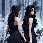 Three women in black dresses with flowing hair under a cloudy sky with ravens flying around, creating a