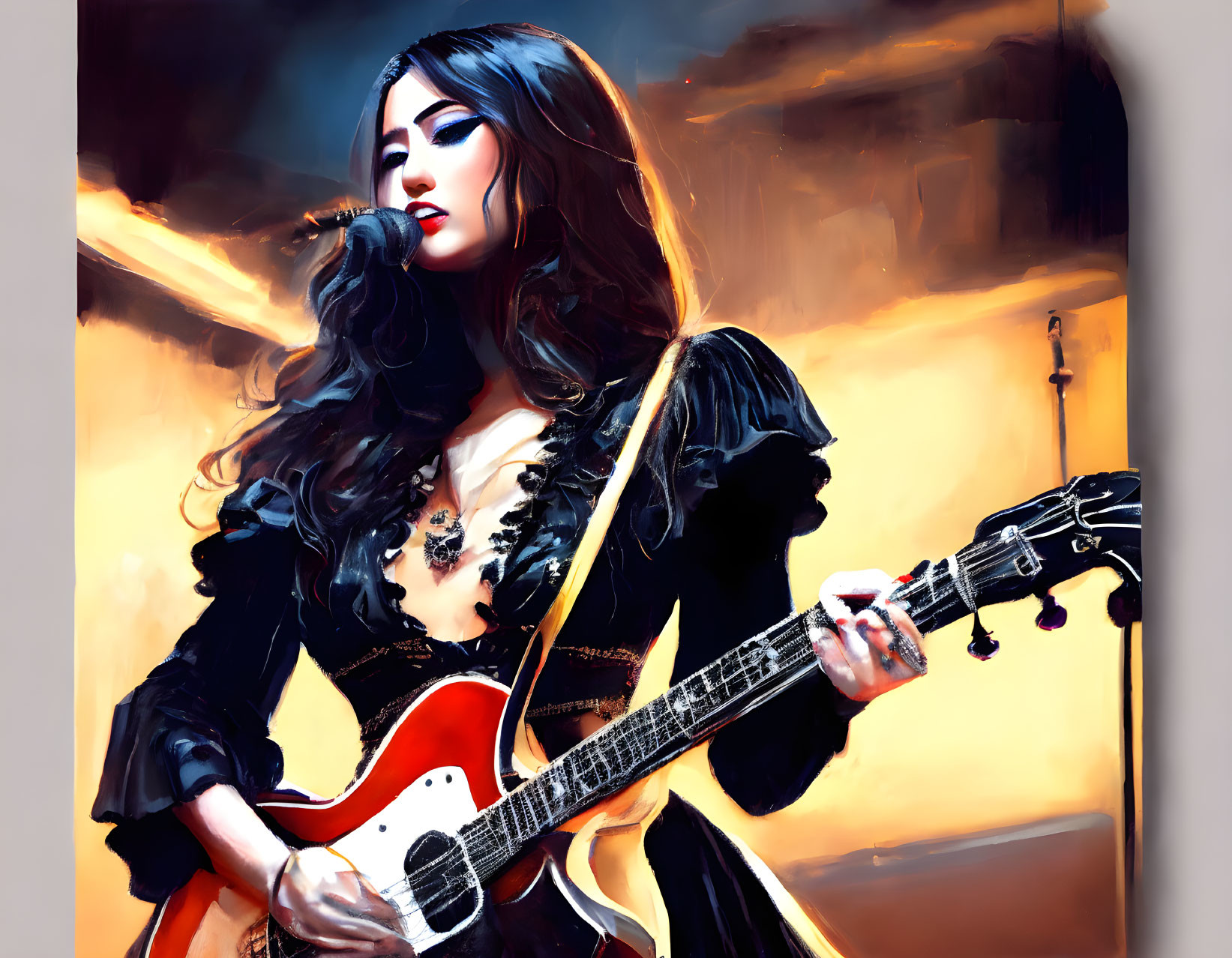 Digital painting of woman playing electric guitar and singing with vibrant colors.