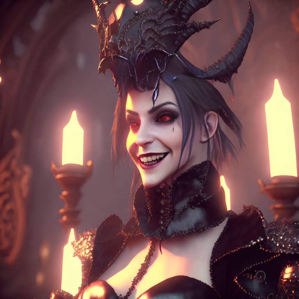 Woman in Dark Ornate Costume with Horned Headpiece Among Candles