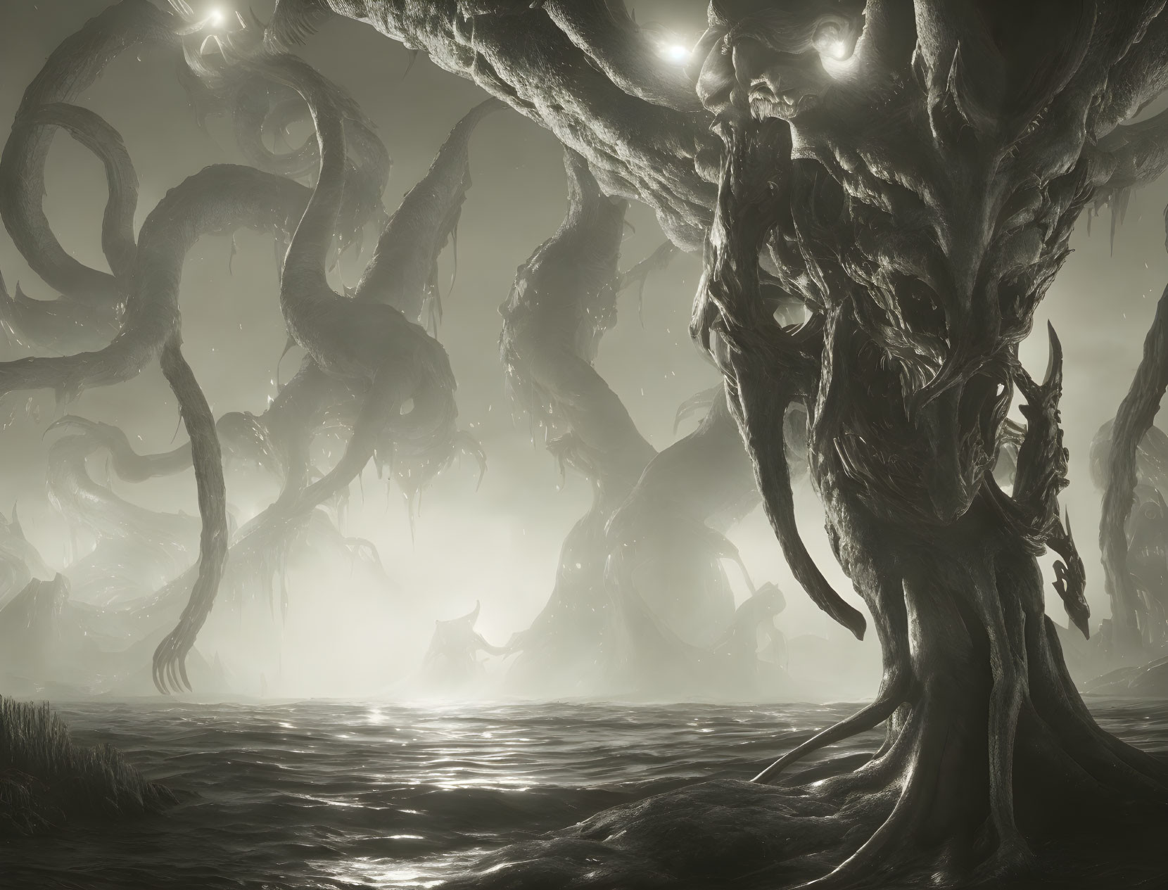 Monochrome fantasy landscape with twisted tree and giant tentacles