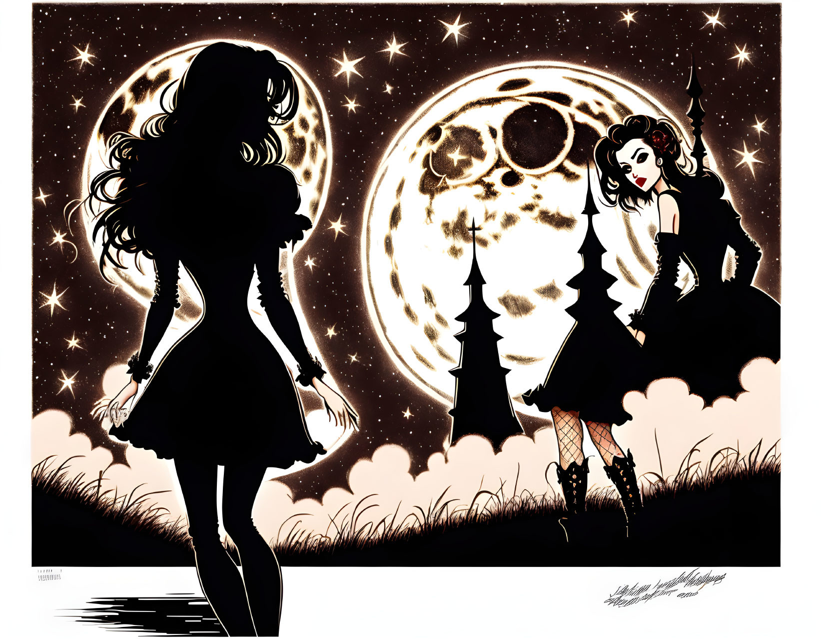 Stylized female characters under full moon with whimsical trees