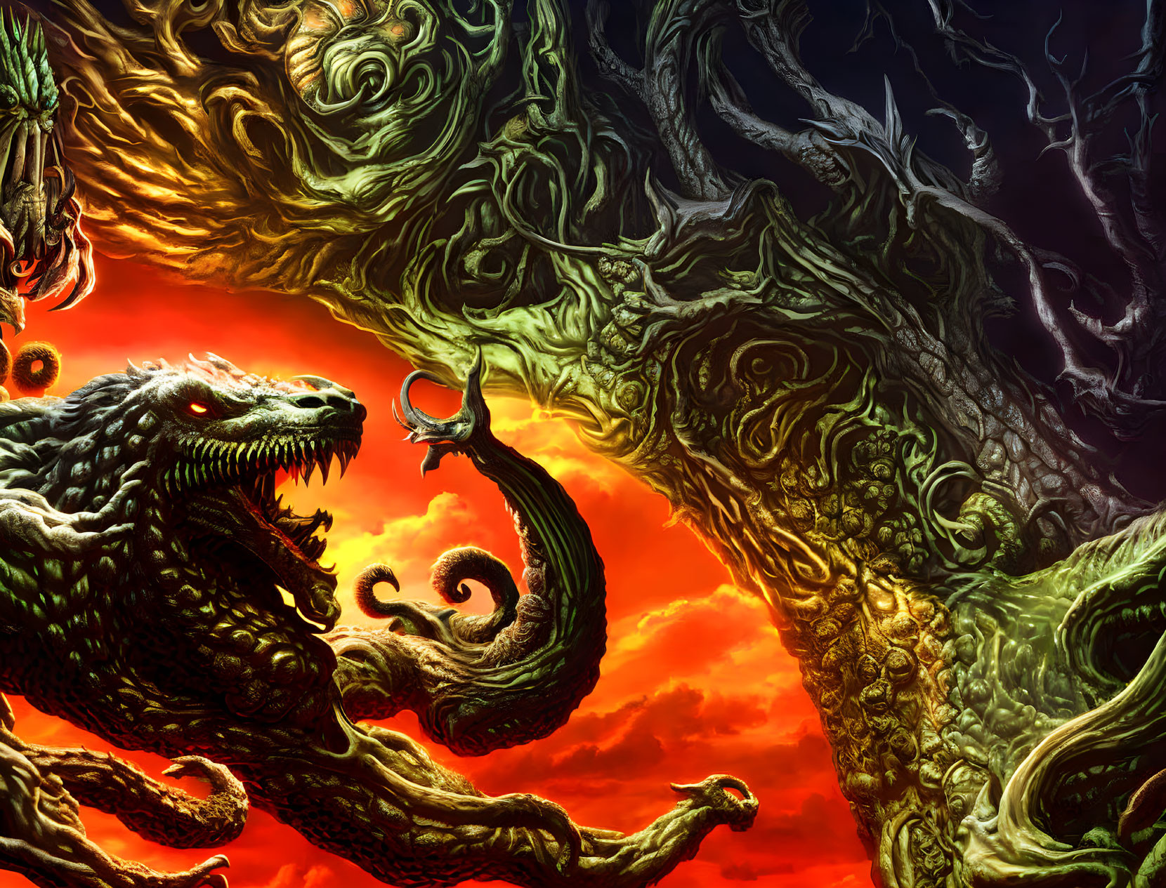 Fantasy artwork: Fierce dragon confrontation in fiery sky