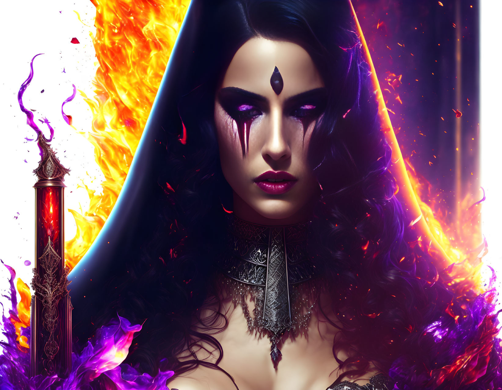 Digital artwork: Woman with purple eyes, mystical aura, teardrop mark, flames, magic