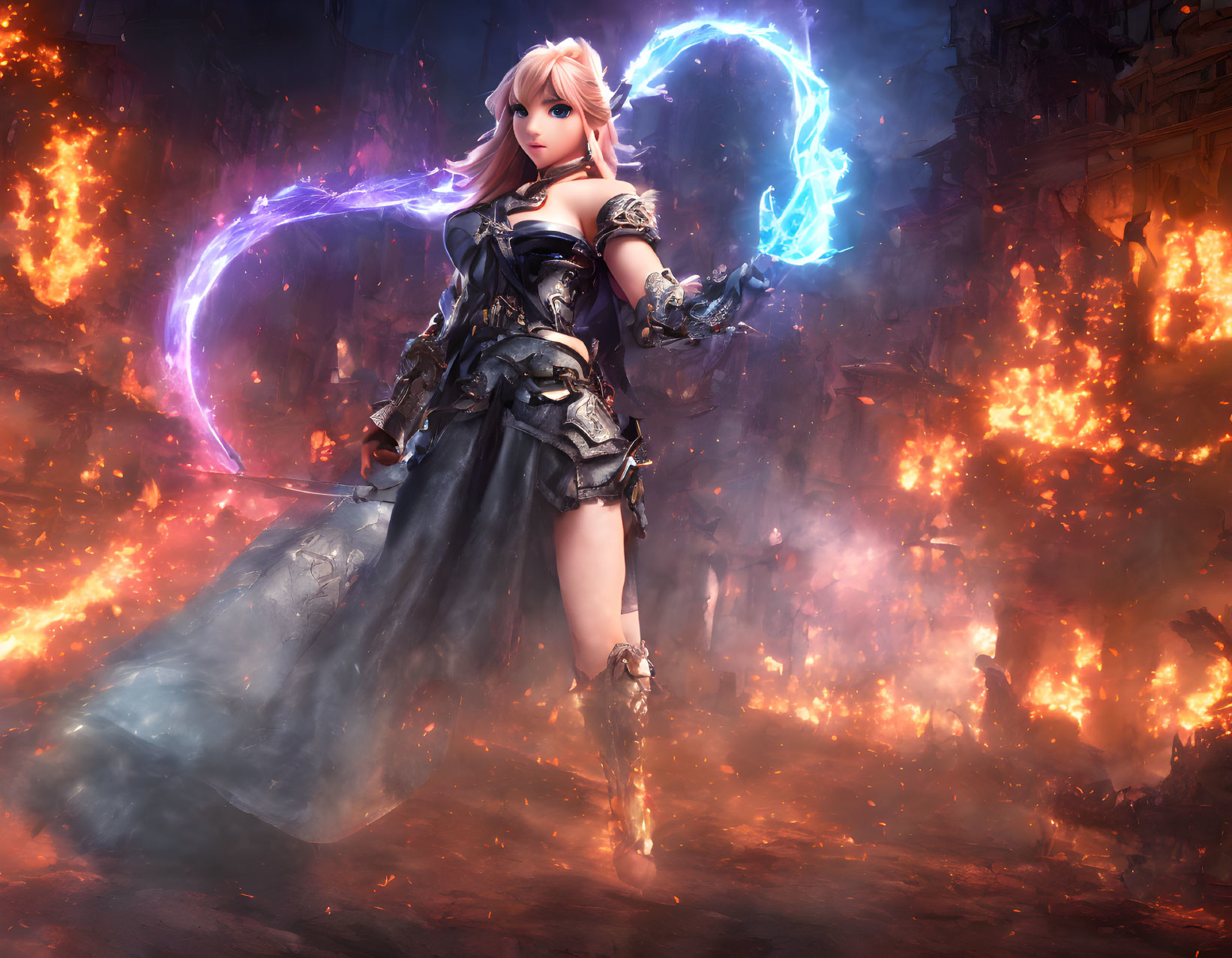 Pink-haired female warrior wields electricity in dark armor on fiery battlefield