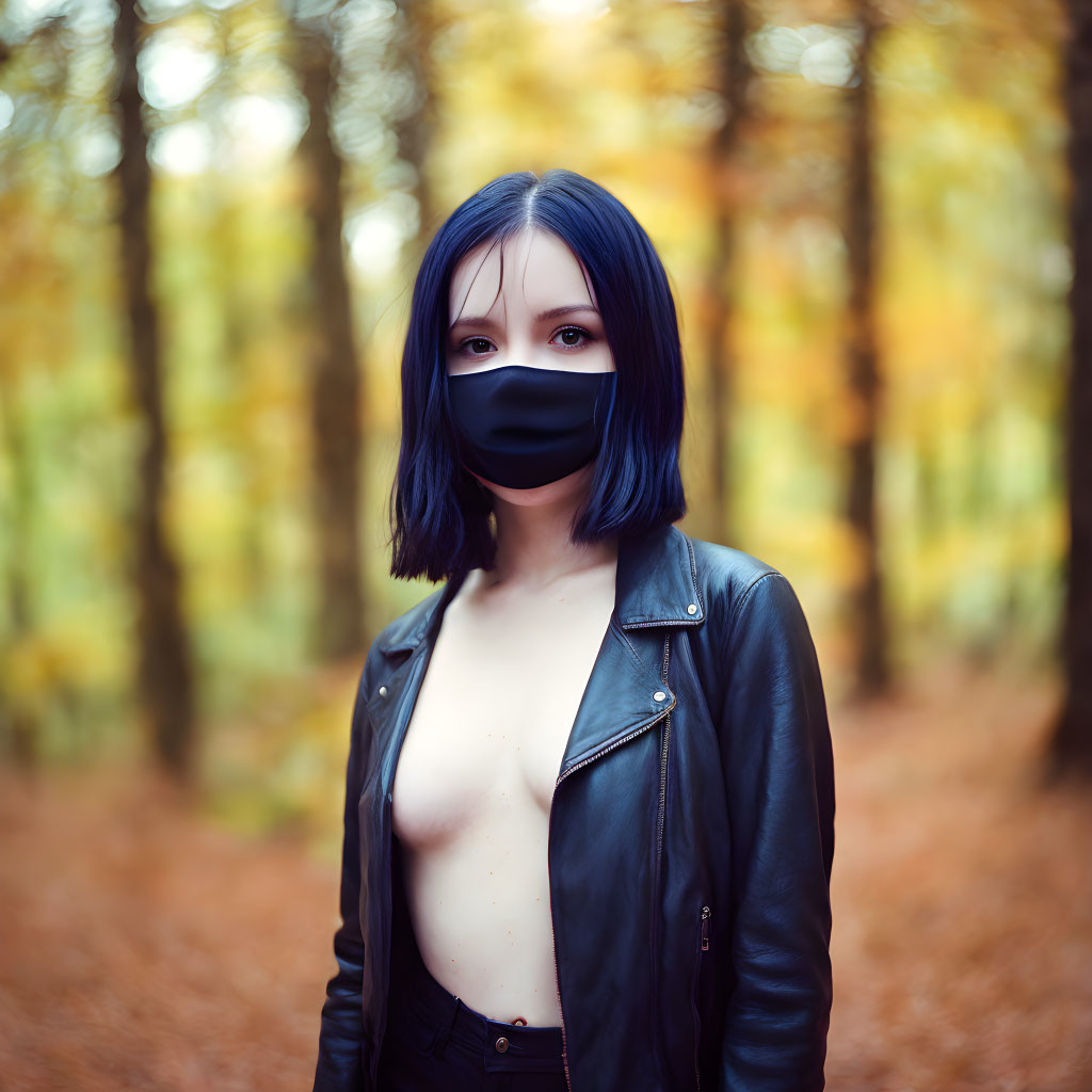 Blue-haired person in protective mask in autumn forest with leather jacket and dark top