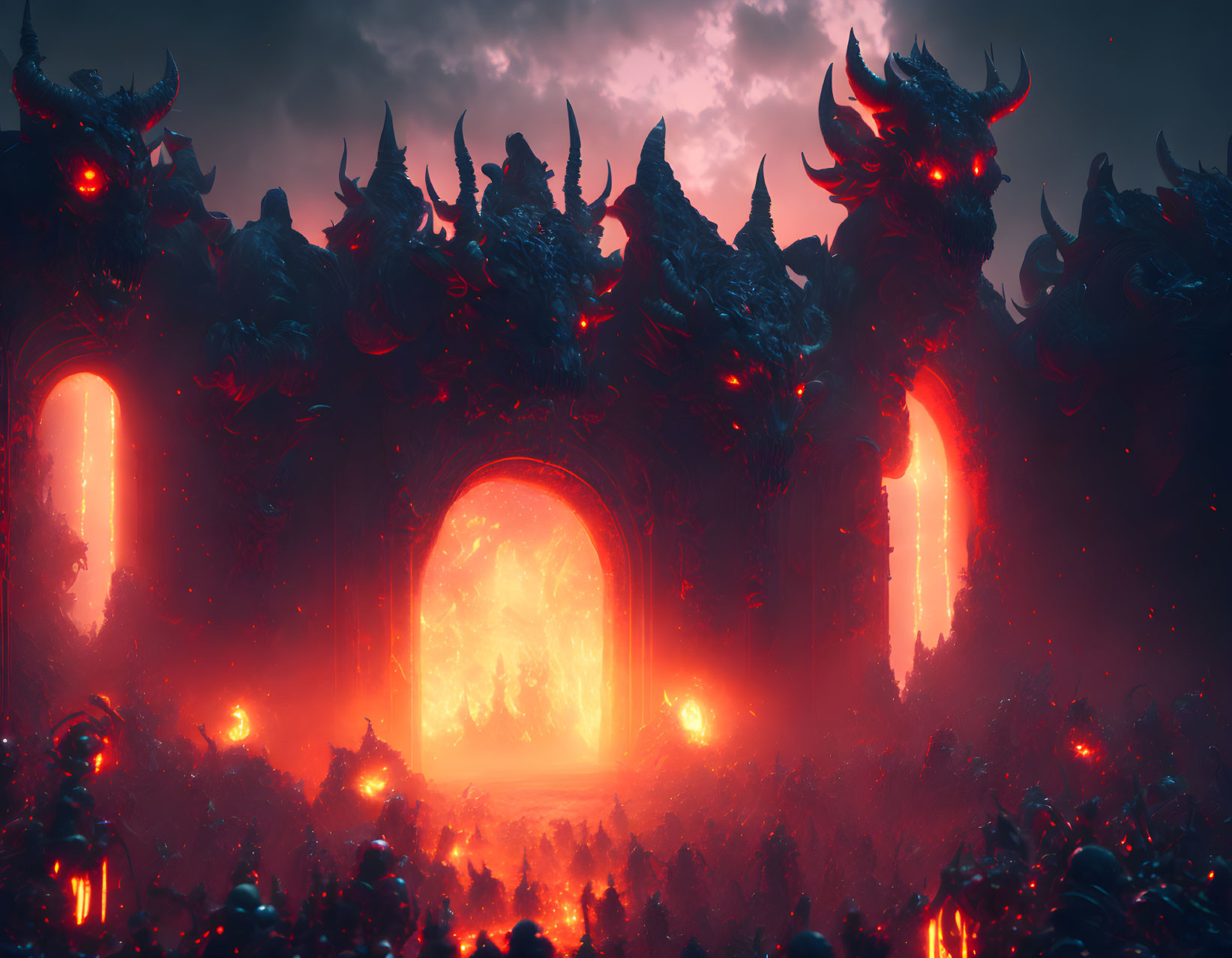 Fantasy landscape with ornate gates, fiery glows, and horned figures in misty red