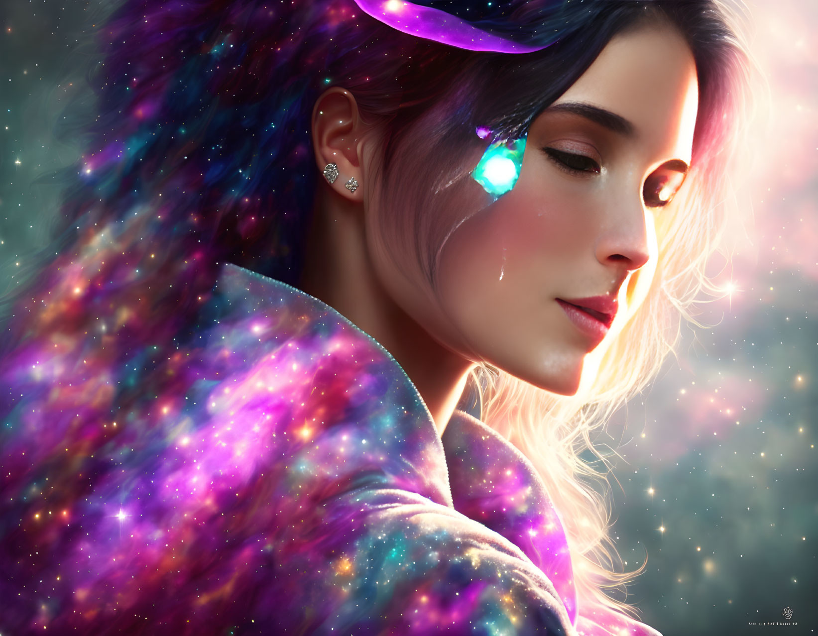 Cosmic-themed digital artwork of a woman with vibrant space colors