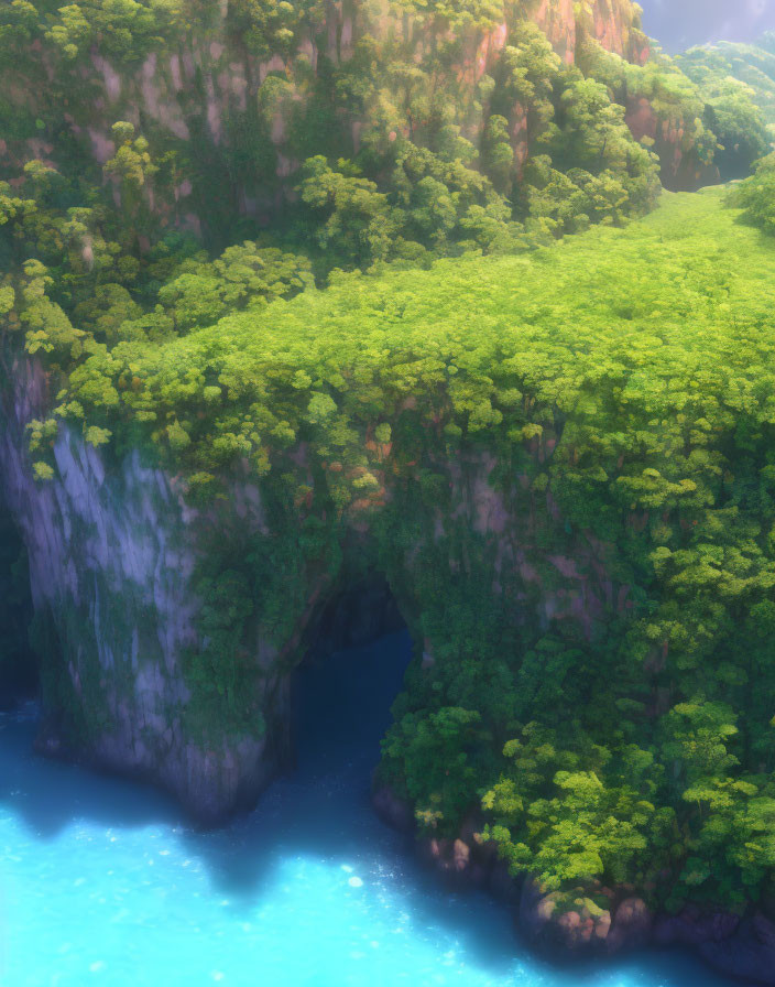 Cliff with lush green foliage and cavern opening above turquoise waters