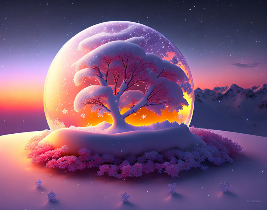 Snow Globe Scene with Tree, Pink Blossoms, and Twilight Mountains