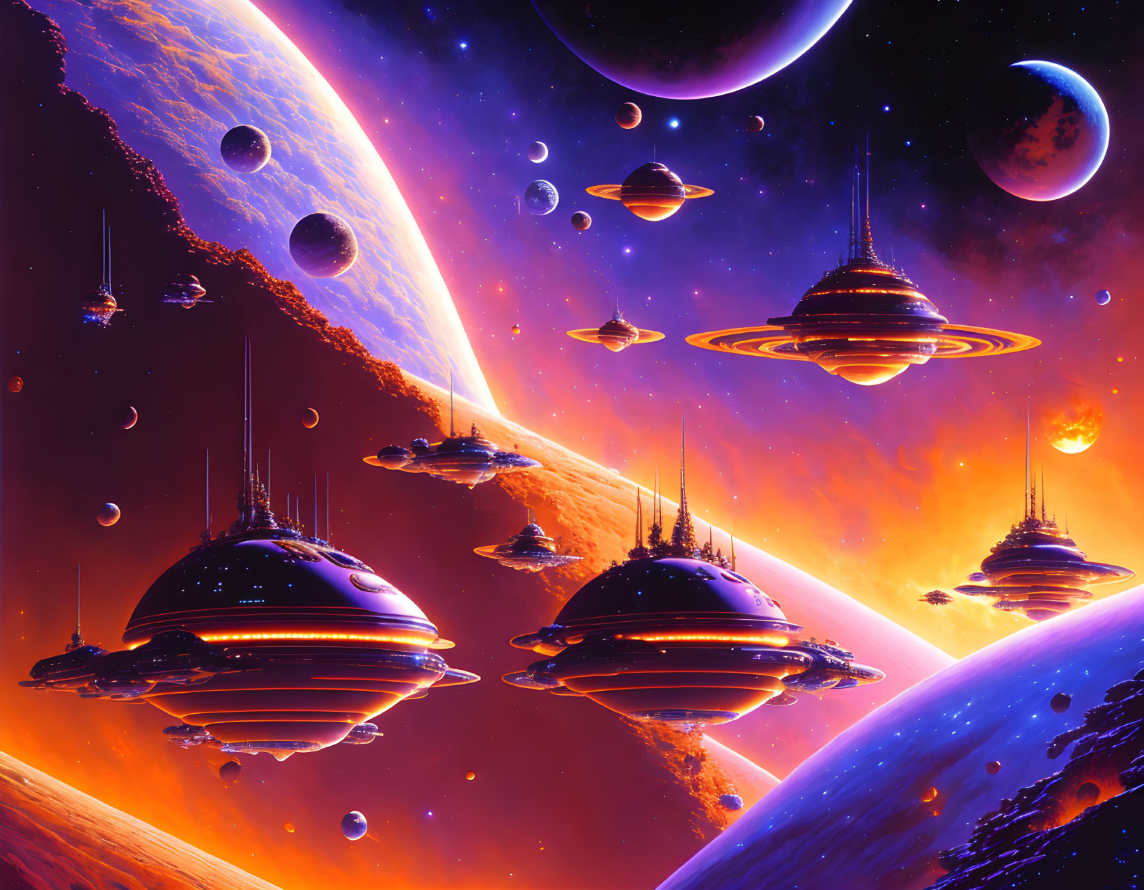 Colorful Planets and Spaceships in Futuristic Sci-Fi Scene