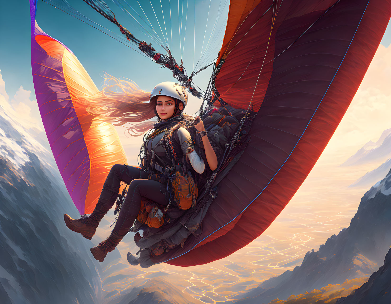 Female paraglider flying over mountainous terrain with colorful wing and flowing hair.