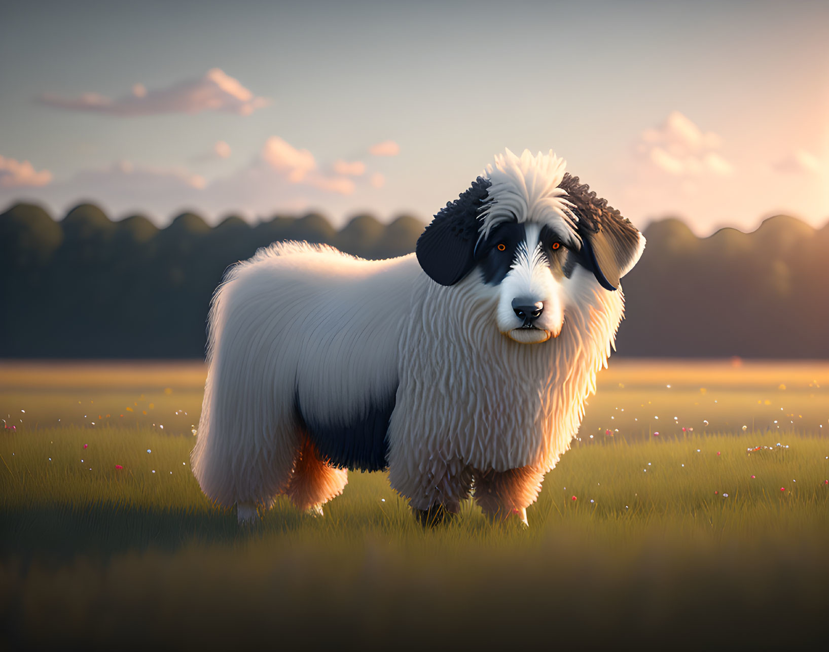 Fluffy black and white dog in sunny meadow with flowers and tree line