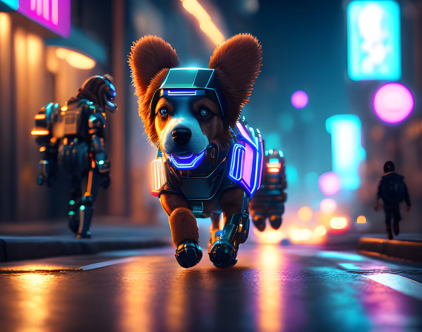 Futuristic robotic dog with glowing blue accents in neon-lit urban scene