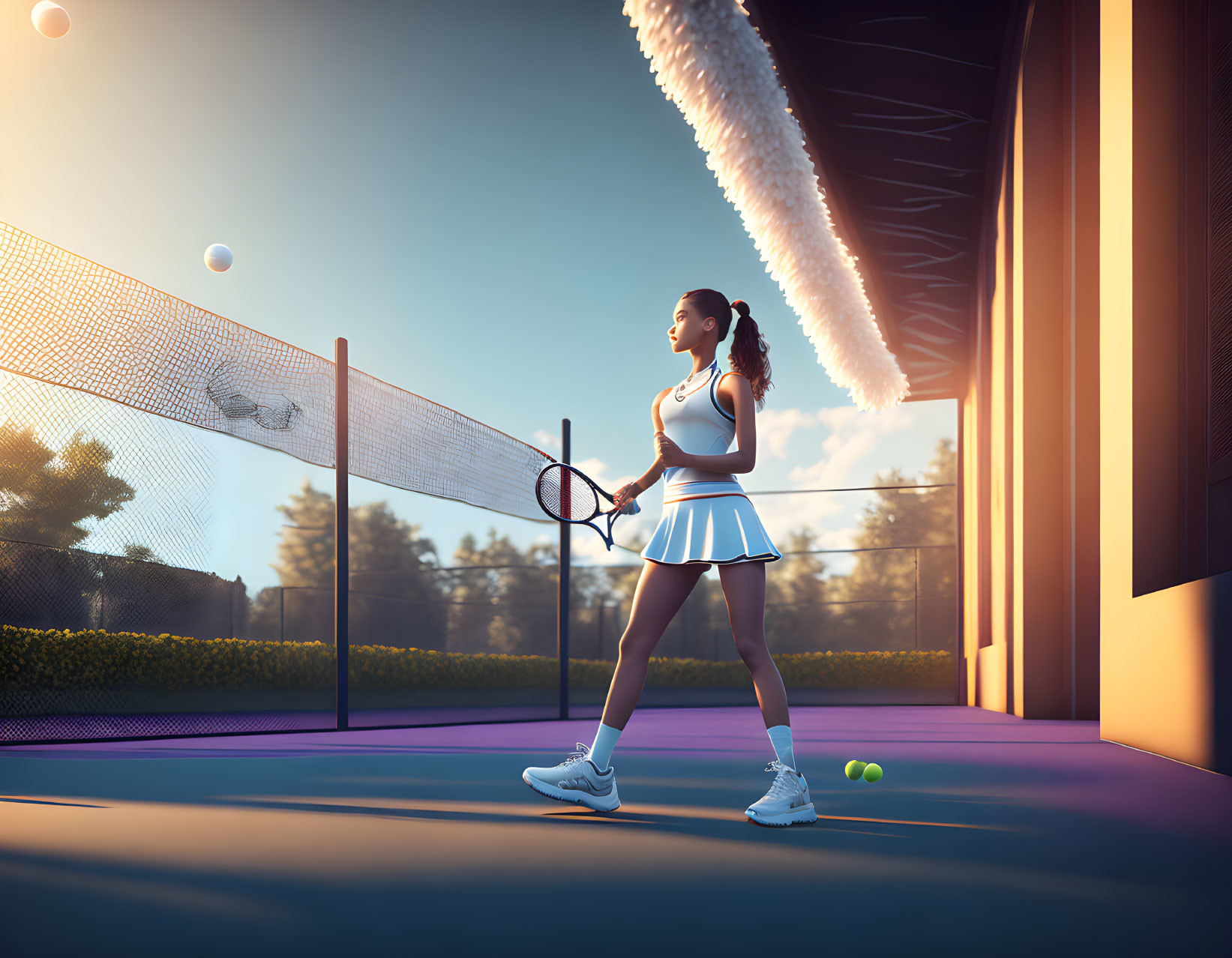 Female Tennis Player on Purple Court with Sunset Background