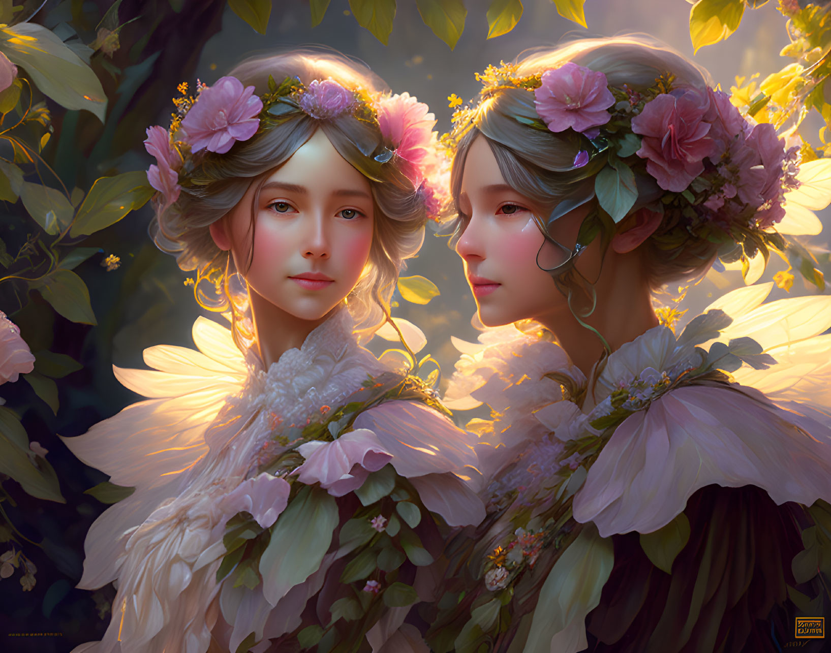 Ethereal figures with floral wreaths in radiant light among leaves and flowers