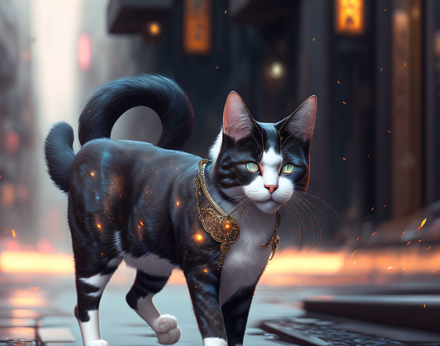 Majestic cat with luxurious fur and gold necklace in urban setting