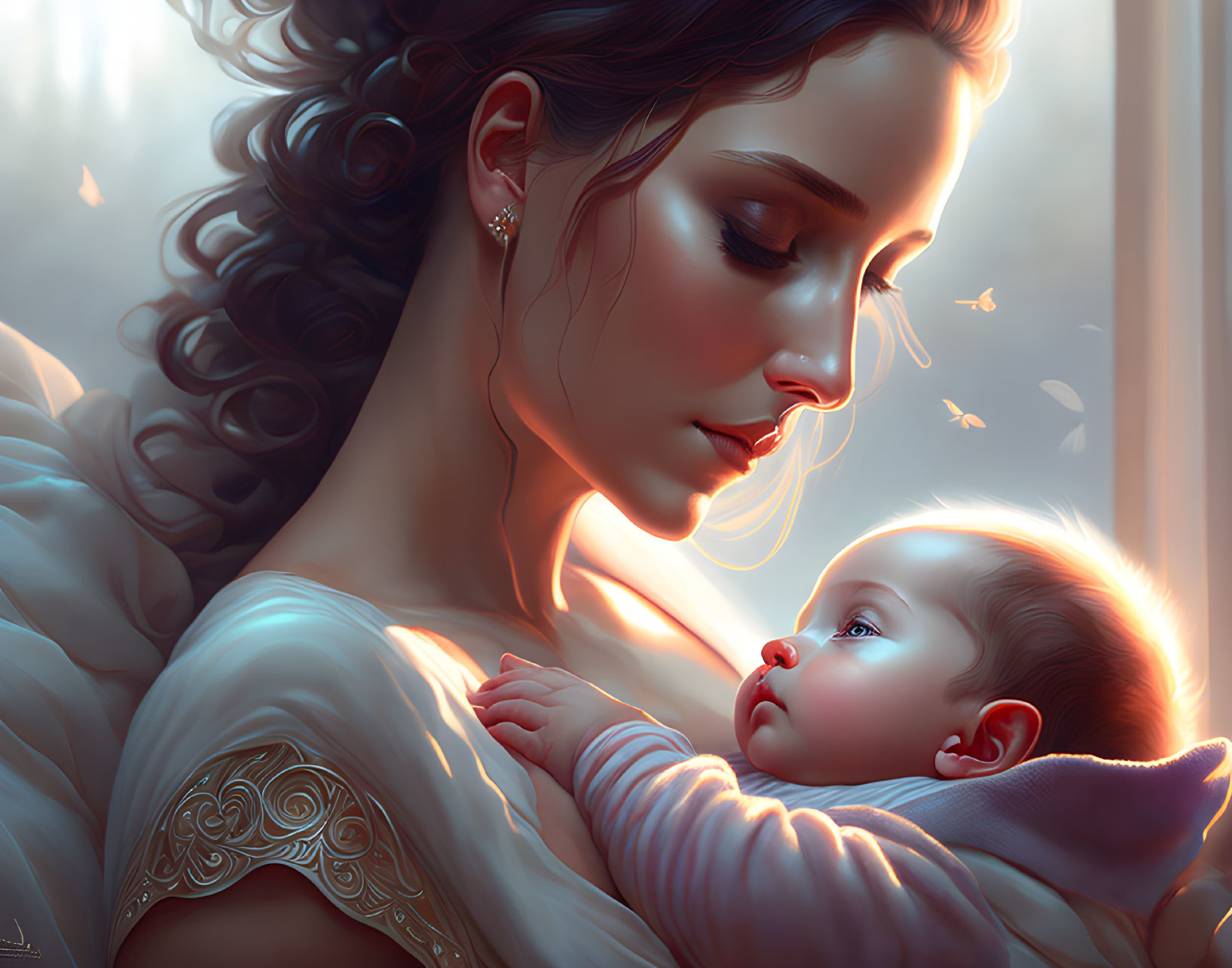 Portrait of woman holding baby in soft light, sharing serene moment