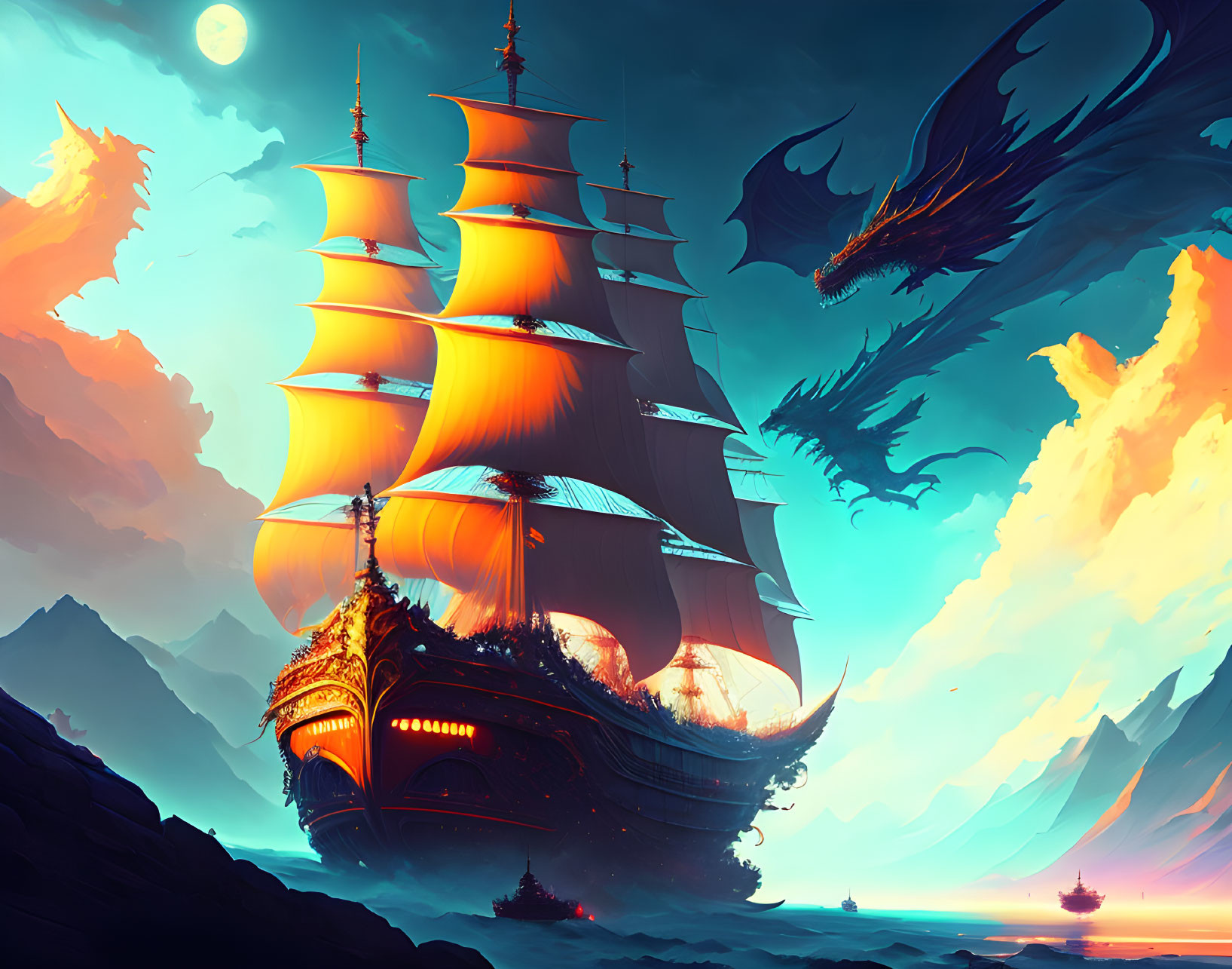 Fantasy seascape: majestic sailing ship, orange sails, dragon, mountains