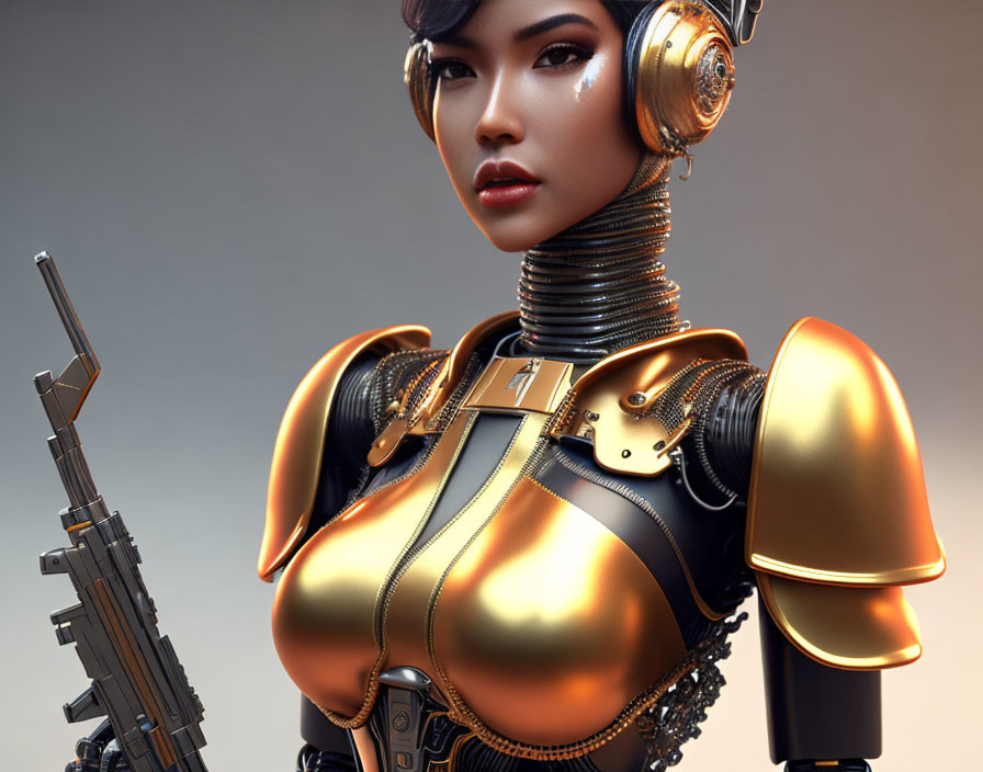 Golden armored female android with metallic neck structure and earpieces.