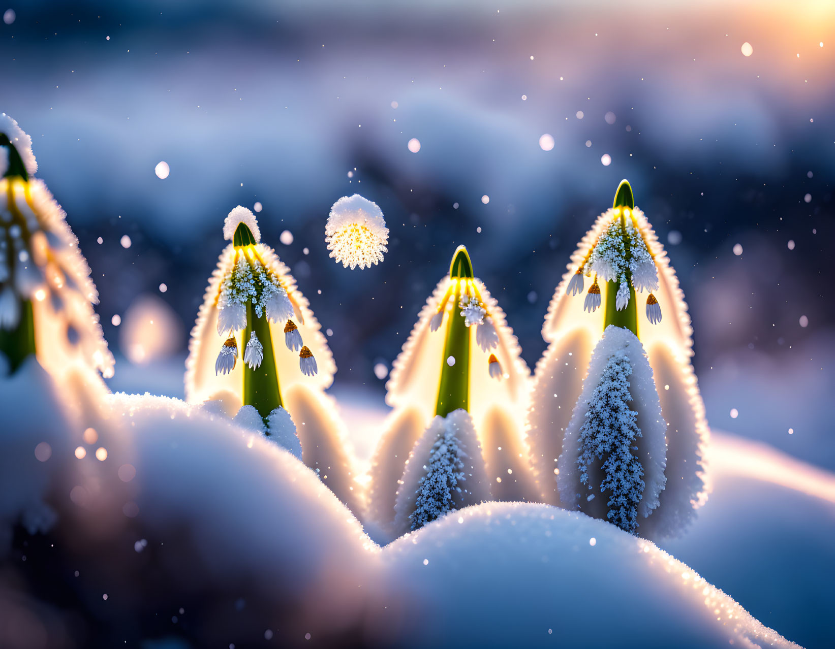 Snow-covered Christmas trees in twilight snowfall