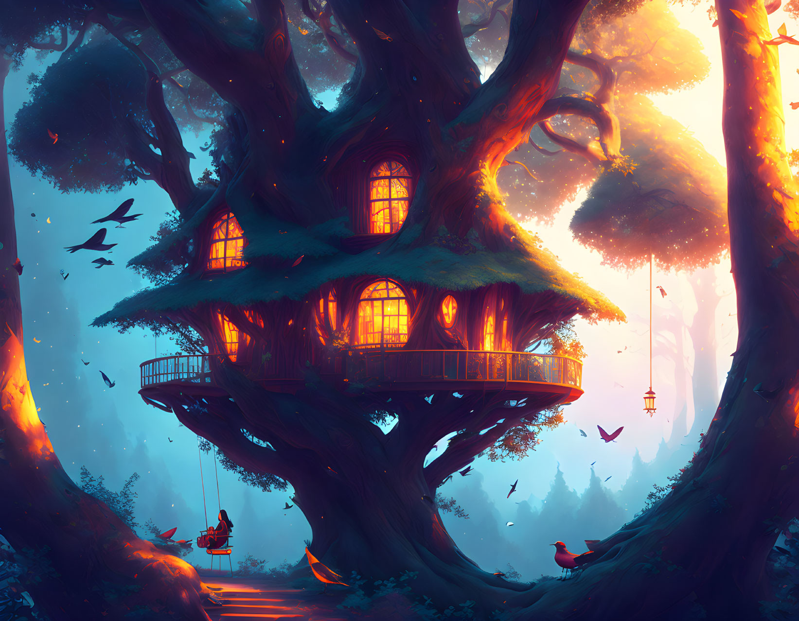 Enchanted forest treehouse with glowing windows and swing at twilight