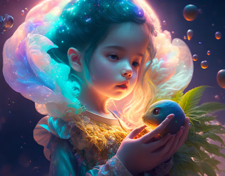 Young girl in fantasy setting holds celestial orb with creature, surrounded by glowing bubbles and ethereal light