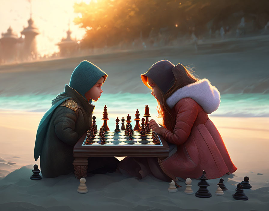 Children playing chess at sunset on a beach with golden light.