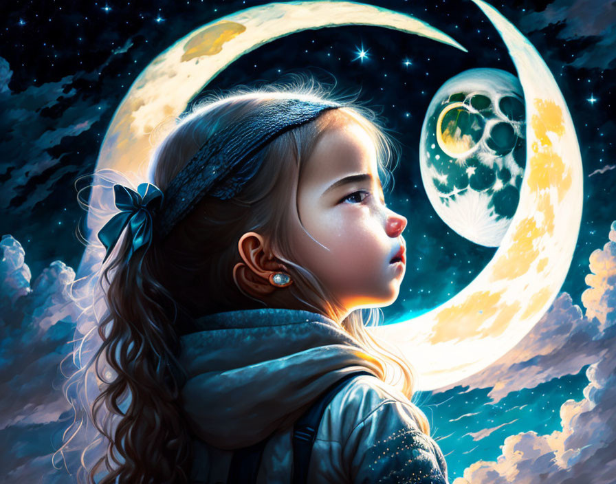 Young girl gazes at crescent moon with paw prints in digital artwork