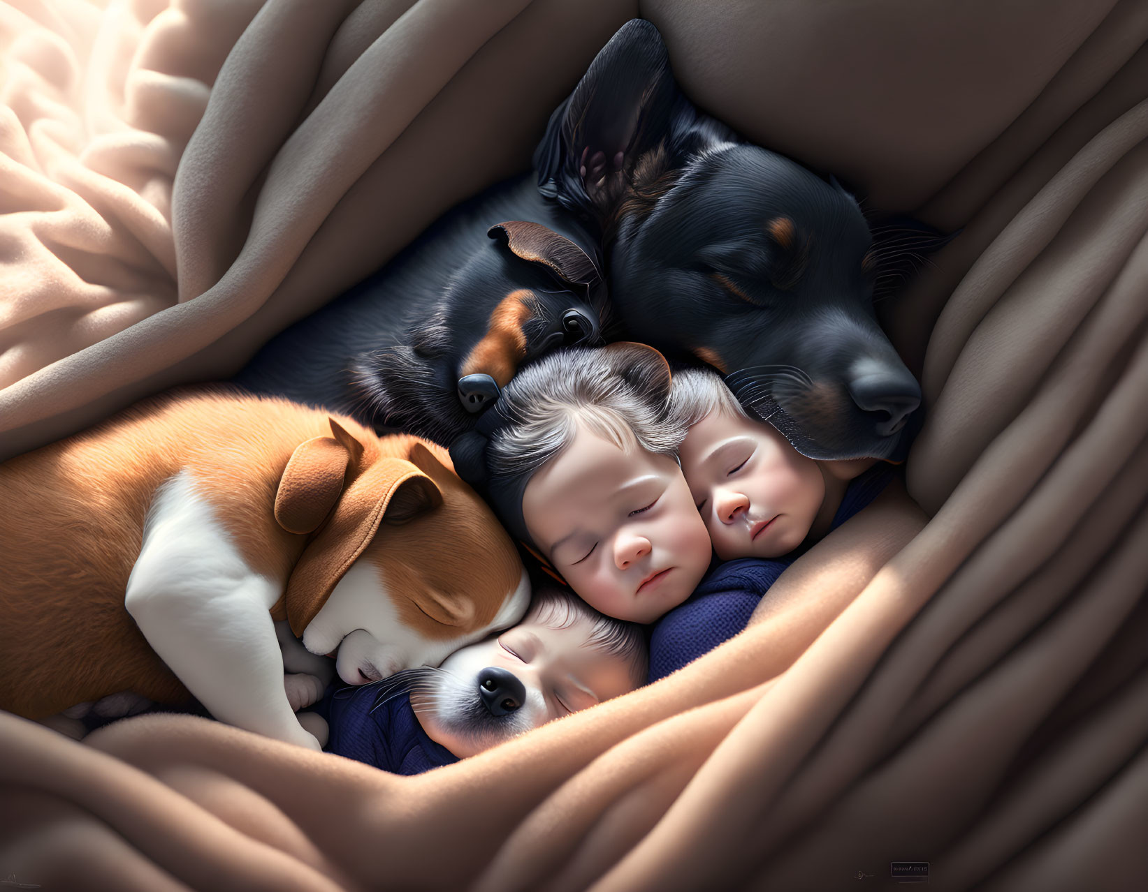 Two Babies and Three Dogs Cuddled in Warm Blankets