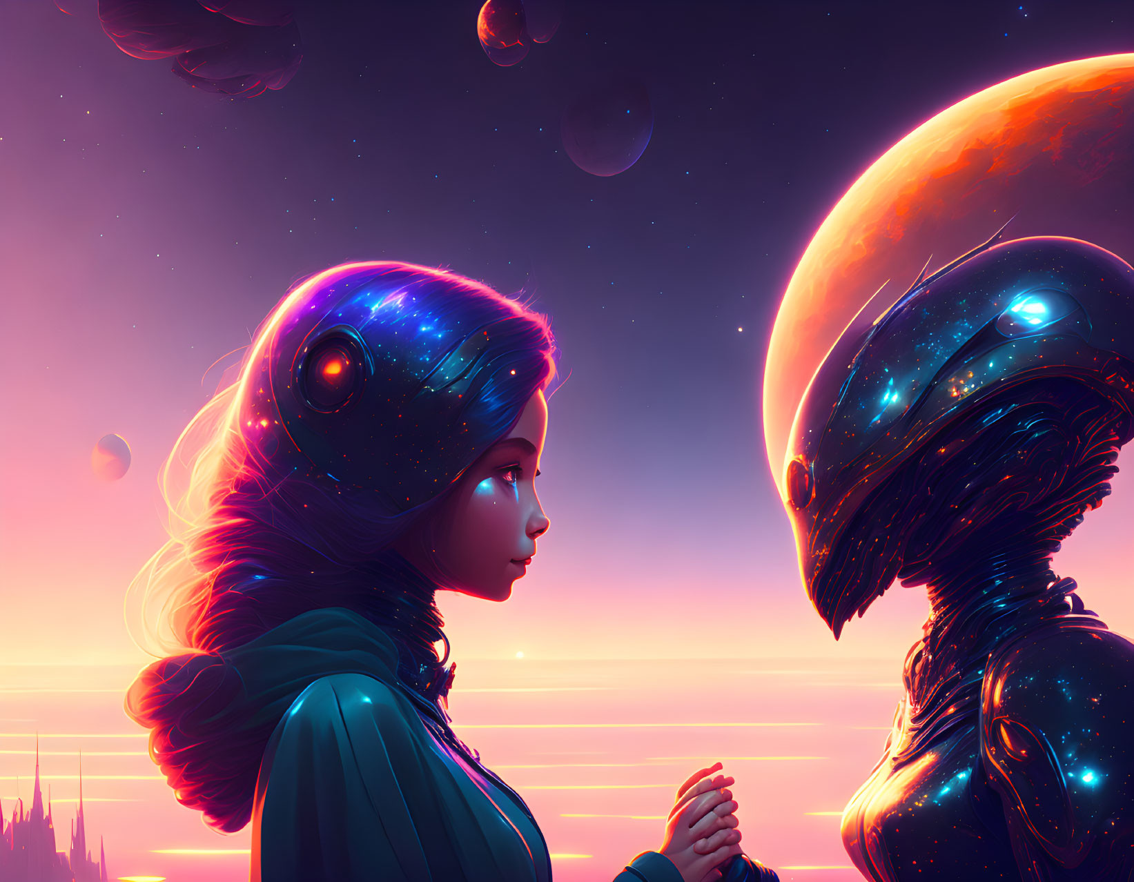 Human-like figure and cosmic robot meet in space scene with planets and vibrant sunset