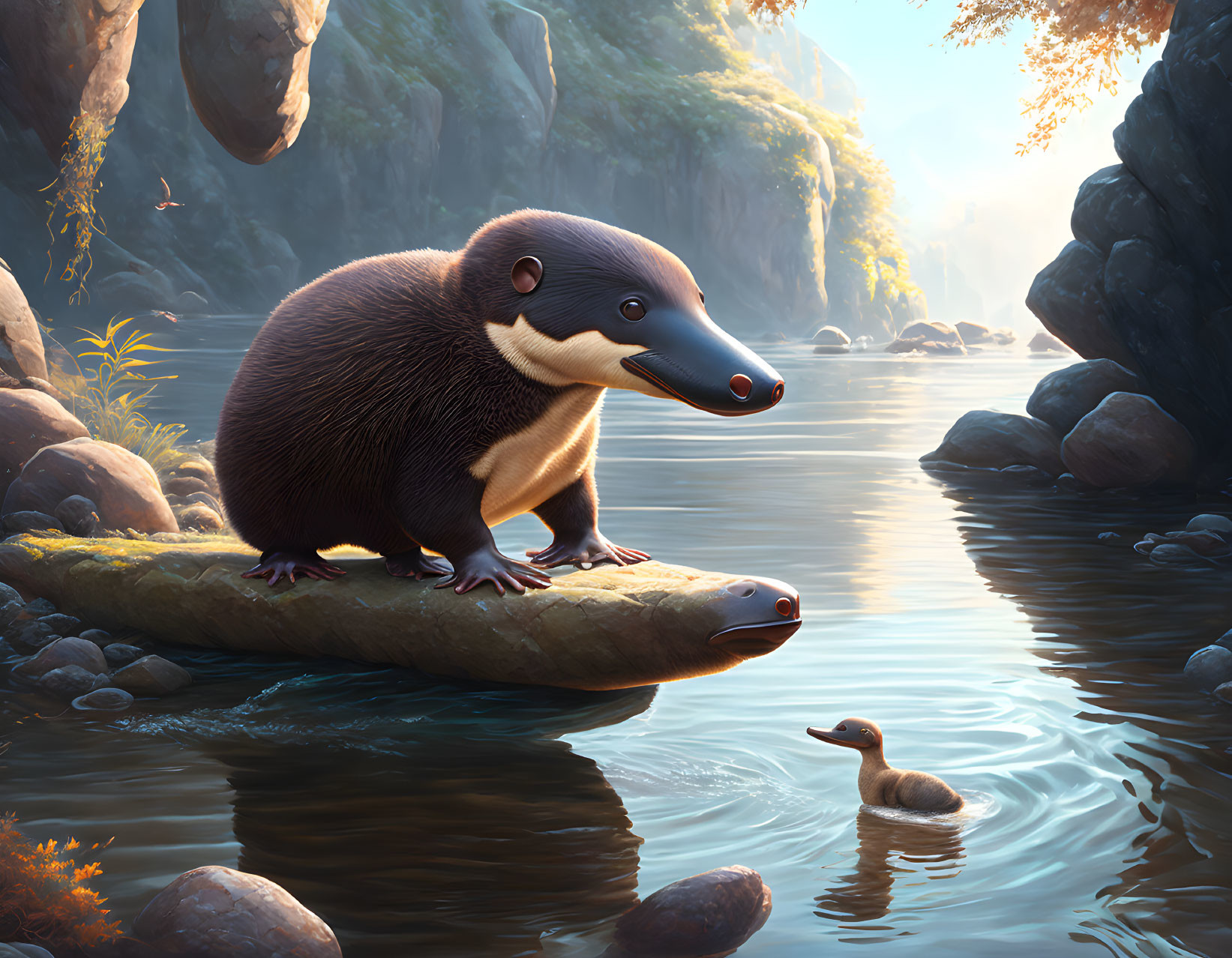 Illustrated giant anteater and duckling by serene river in misty forest