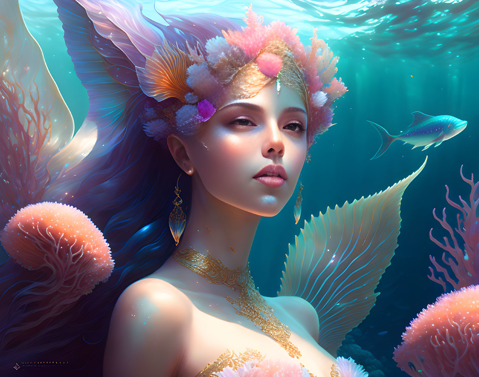 Enchanting underwater portrait of a woman with fish-like features