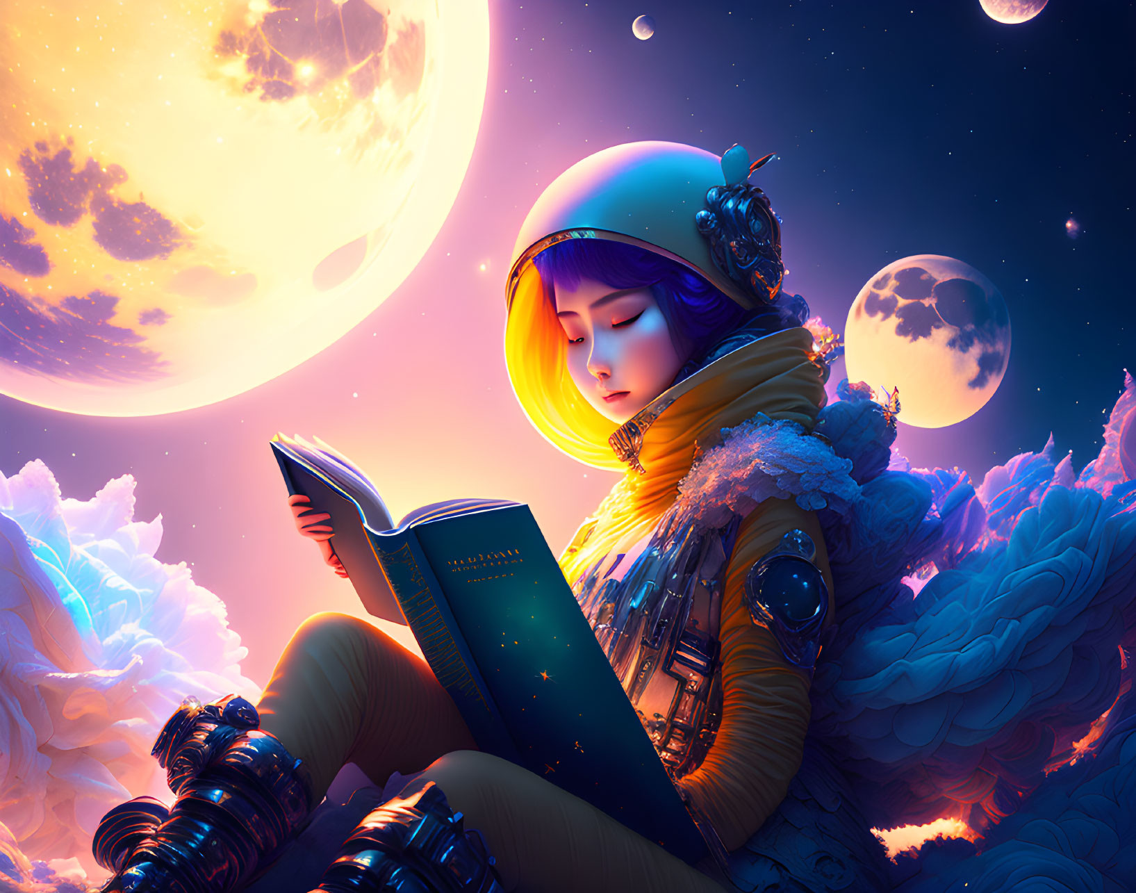 Astronaut reading book in colorful space-scape