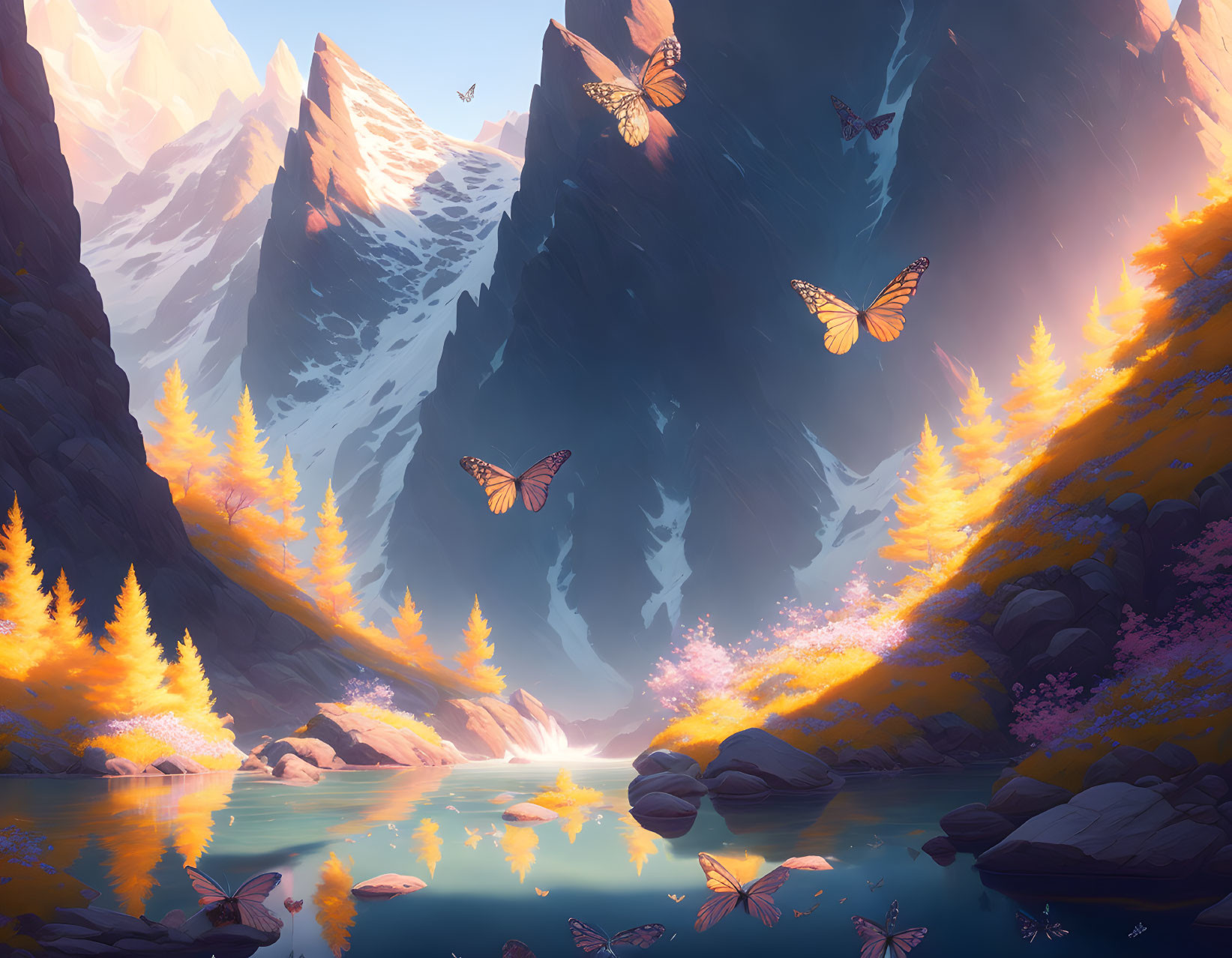 Sunlit River Valley Flanked by Snow-Capped Mountains, Autumn Trees, and Oversized Butterflies