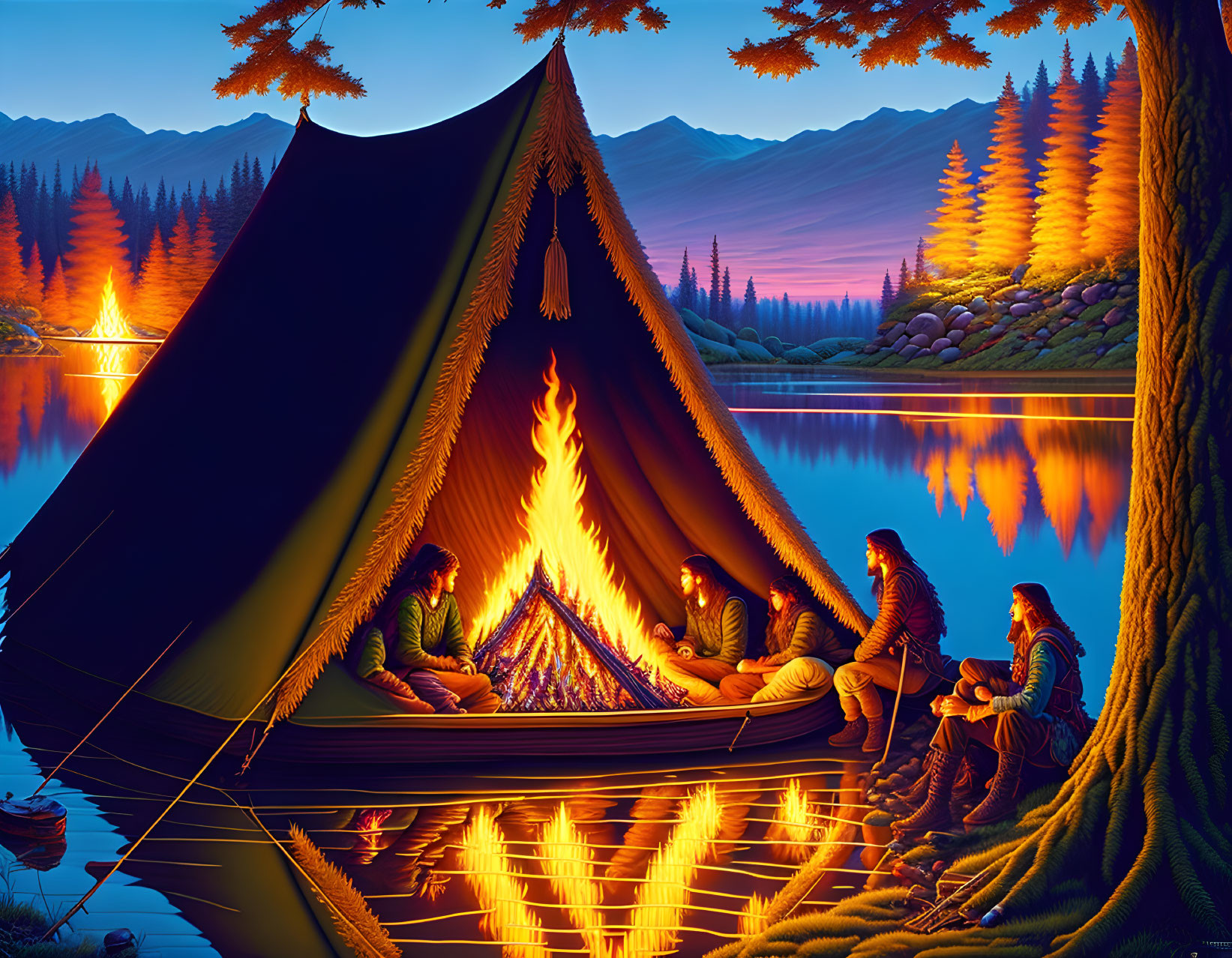 Group of people at twilight by lake with campfire and tent amidst pine trees & mountains