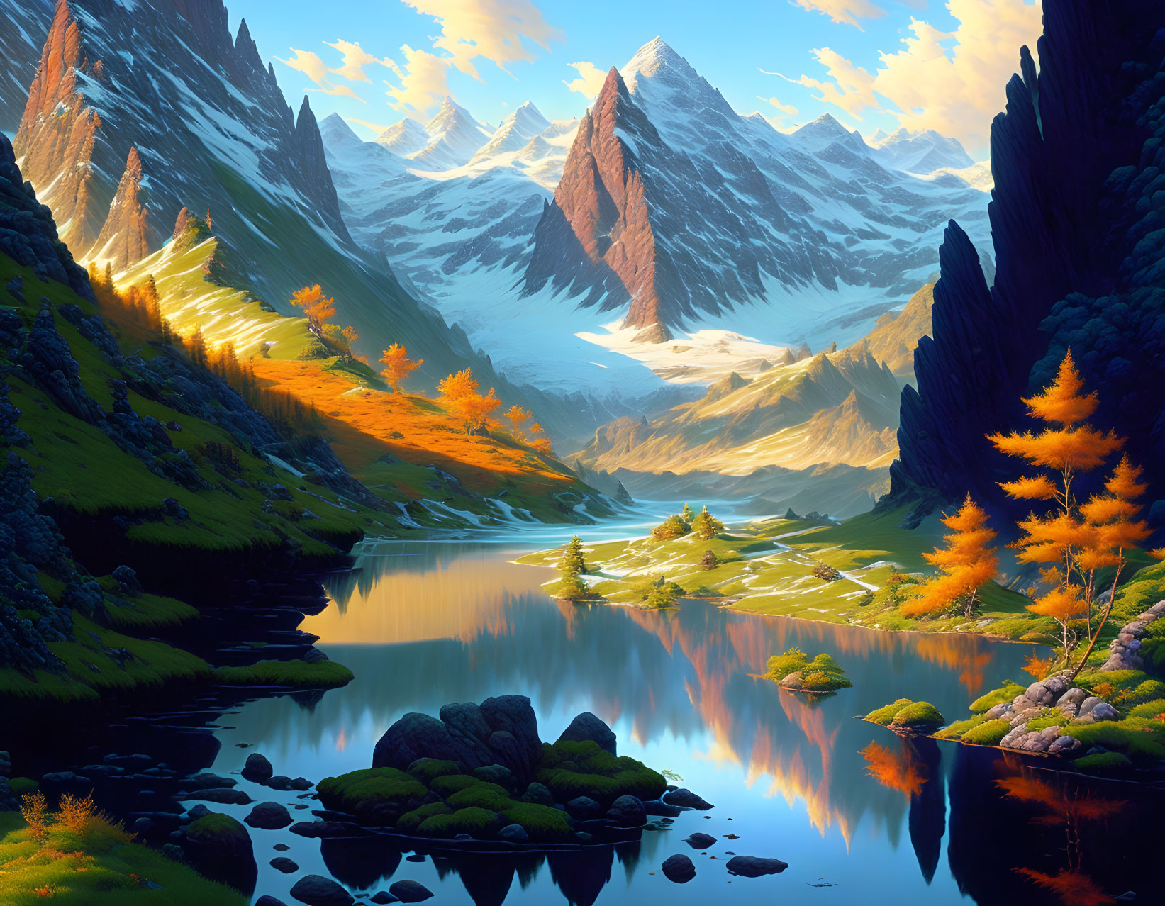 Autumn mountain landscape with reflective lake and snow-capped peaks