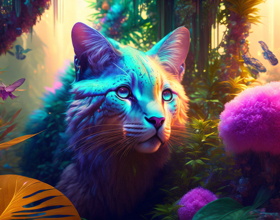 Colorful Fantasy Artwork: Blue-Marked Cat in Neon Jungle with Butterflies