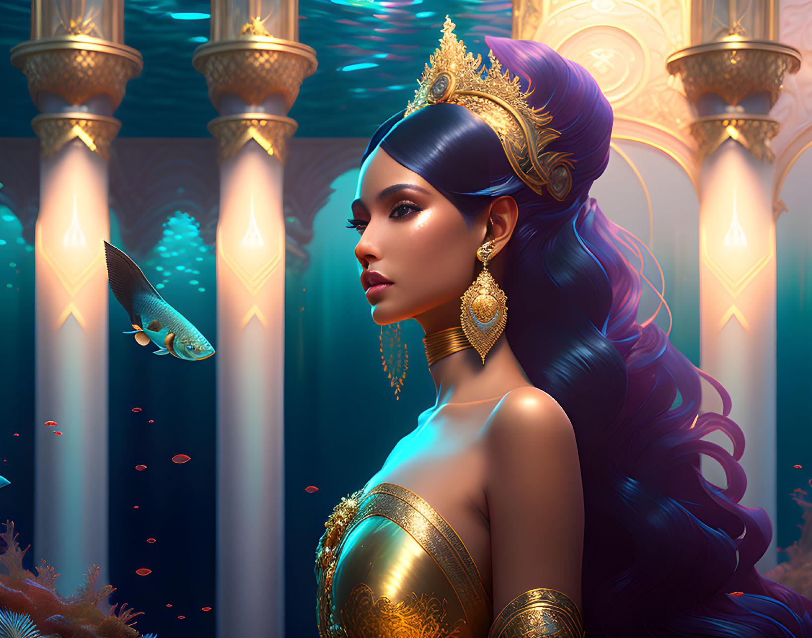 Regal woman in underwater palace adorned with gold jewelry