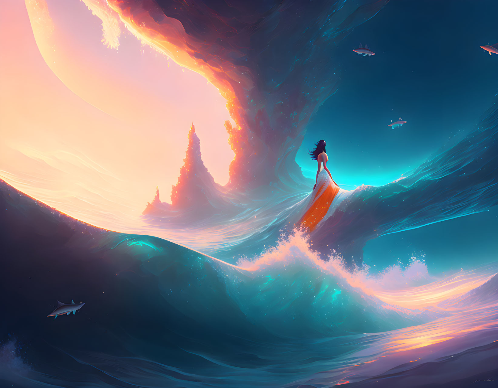 Vibrant surreal seascape with figure on wave and flying fish