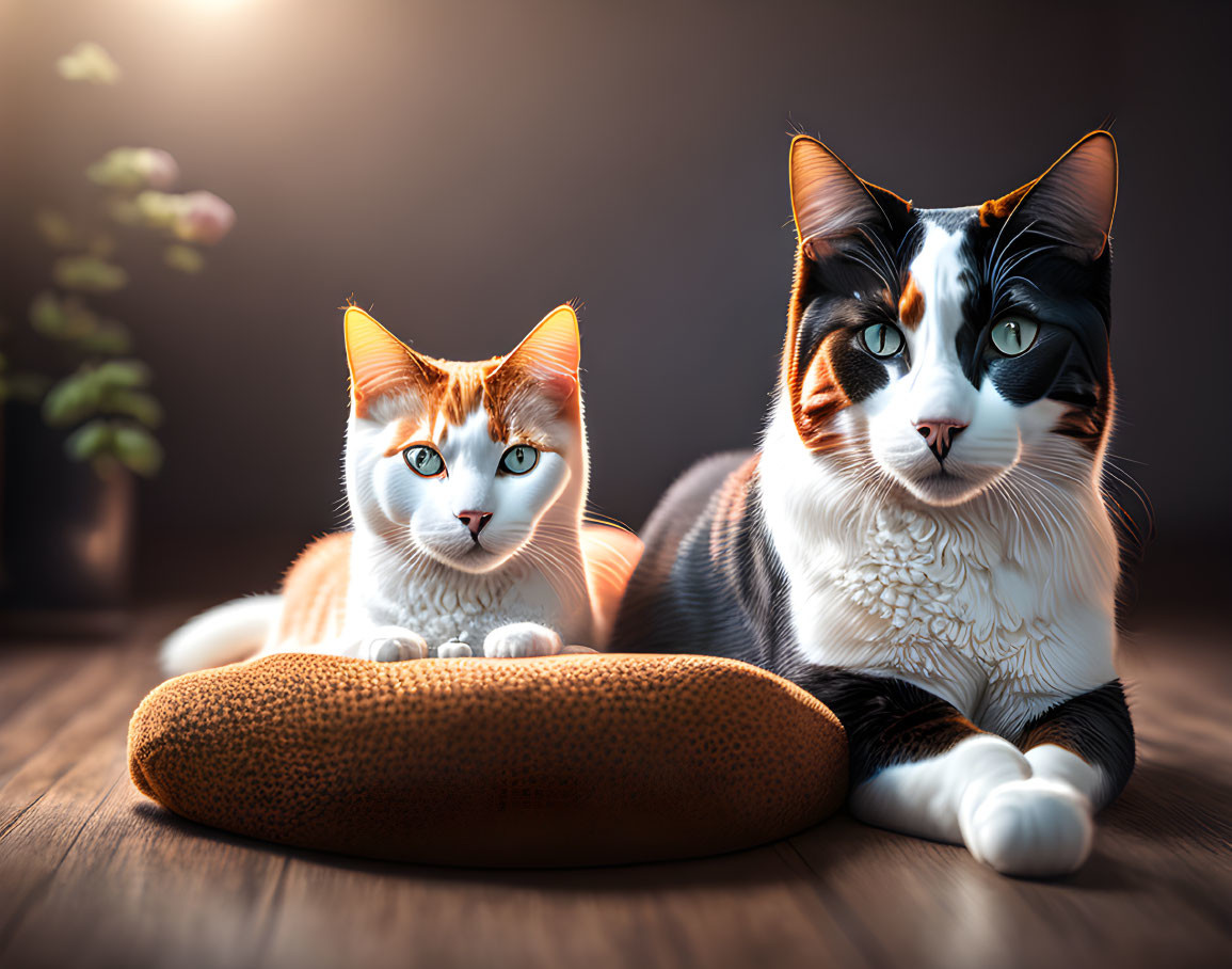 Two Cats with Unique Markings Lounging Together