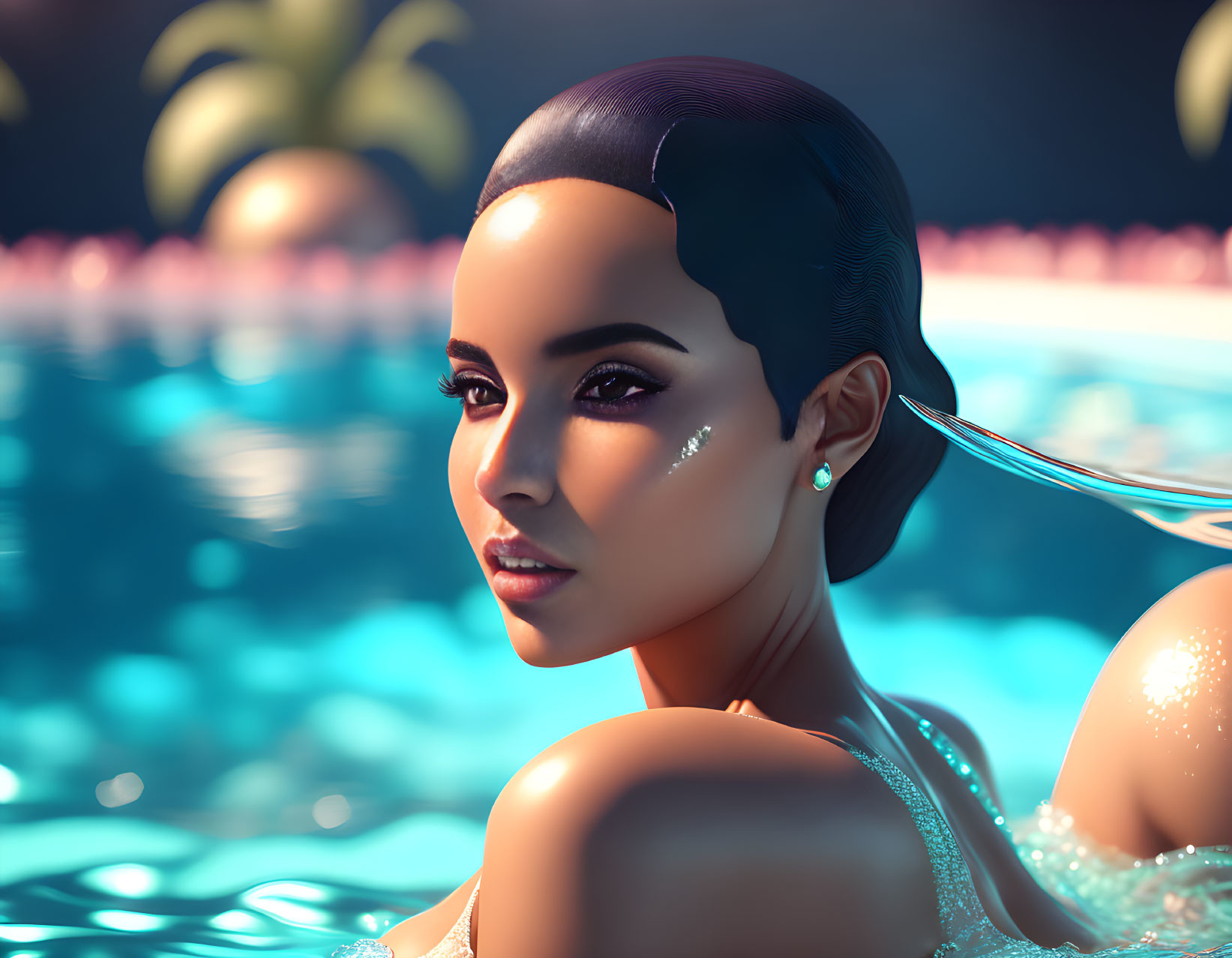 3D-rendered woman with dark hair in pool at dusk with glitter cheeks